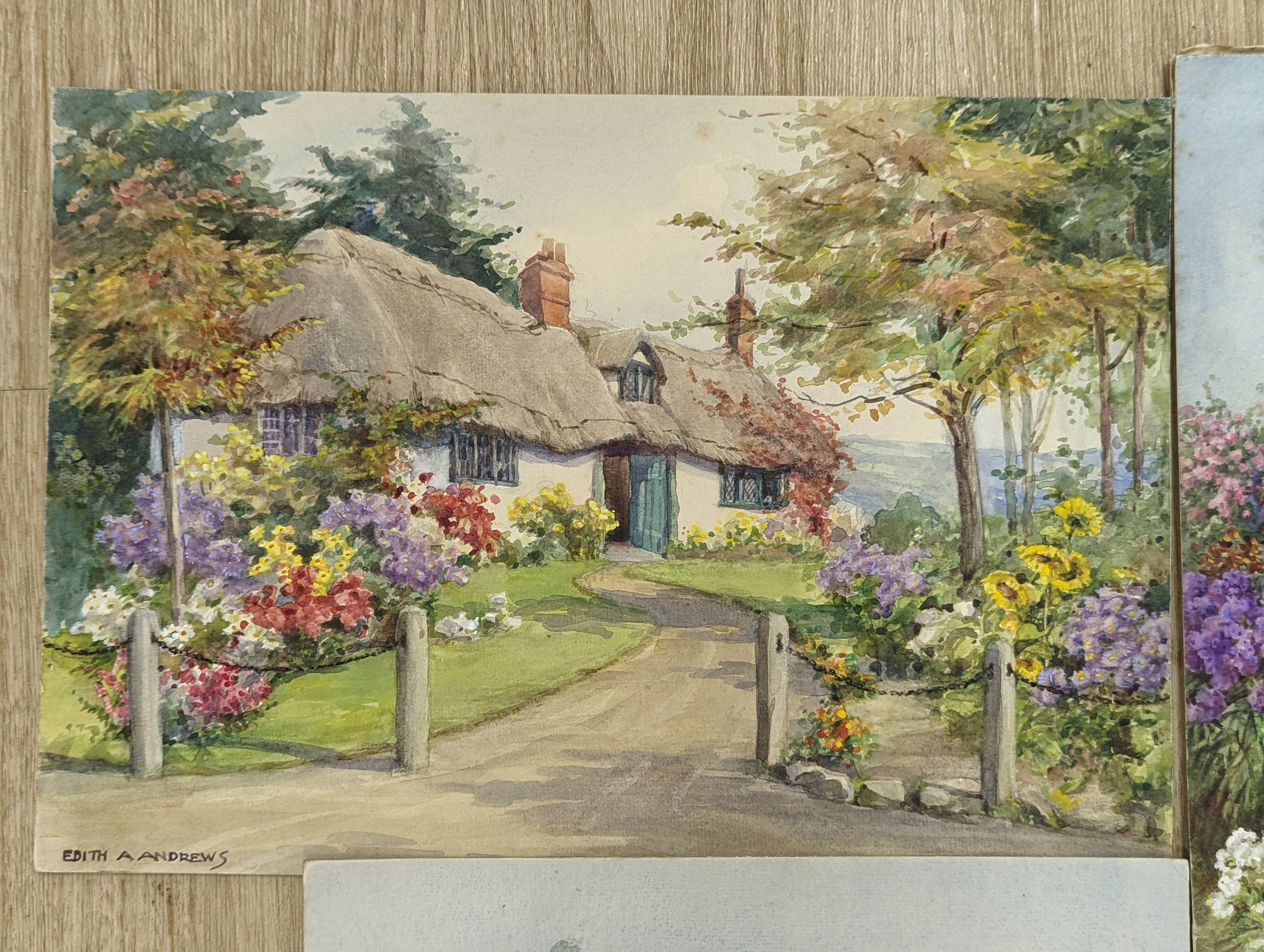 Edith Alice Andrews (1900-1940), four watercolours; Late Summer, cottages and blossom, In A Sussex Garden & herbaceous borders, signed, largest 29 x 39cm.